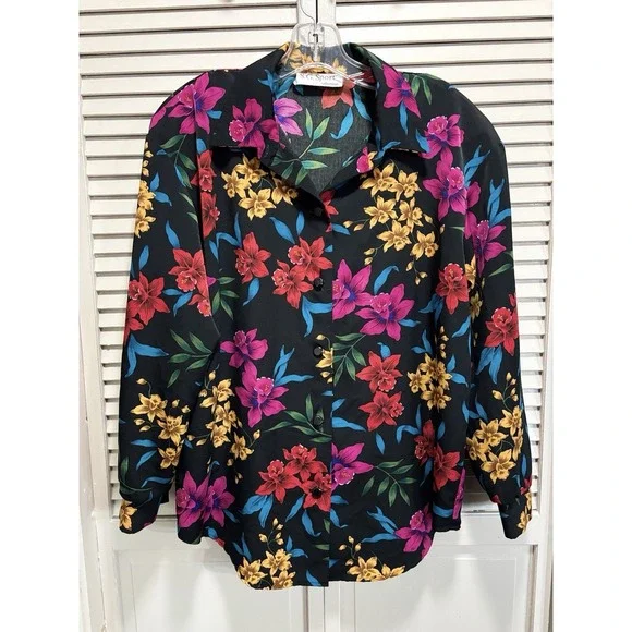 Vintage Colorful Floral S.G. Sport Chiffon Long Sleeve Button Up Blouse Size XL - Picture 1 of 6